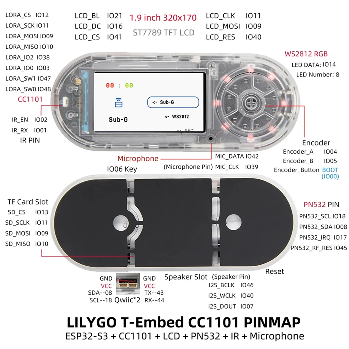 A88X LILYGO جديد T-Embed ESP32-S3 CC1101 منخفضة الطاقة جيجا هرتز جهاز إرسال واستقبال الترددات اللاسلكية PN532 NFC تتفاعل I2C وحدة LCD مجلس البطارية 1300mAh