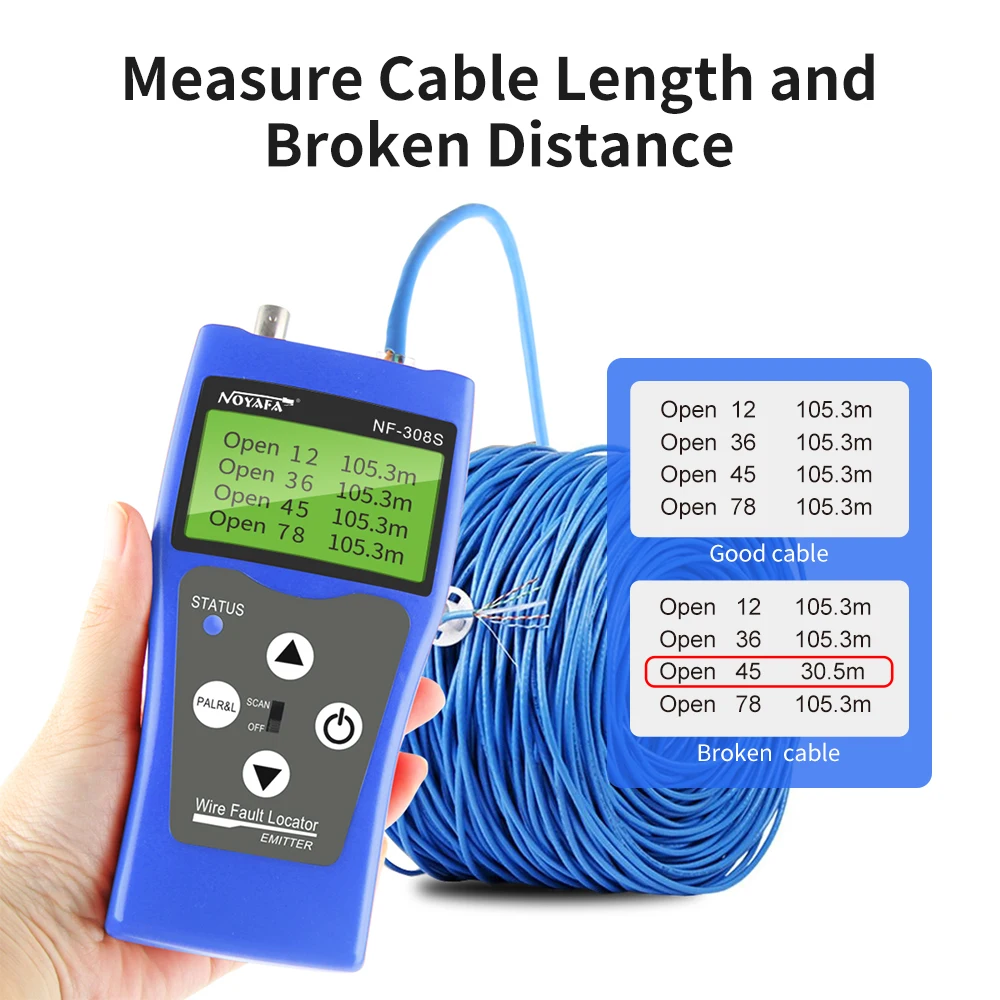 NOYAFA NF-308 Measure Network LAN Cable Length Cable Continuity Test Wire Tracker RJ45 RJ11 Ethernet USB BNC Cable Tester