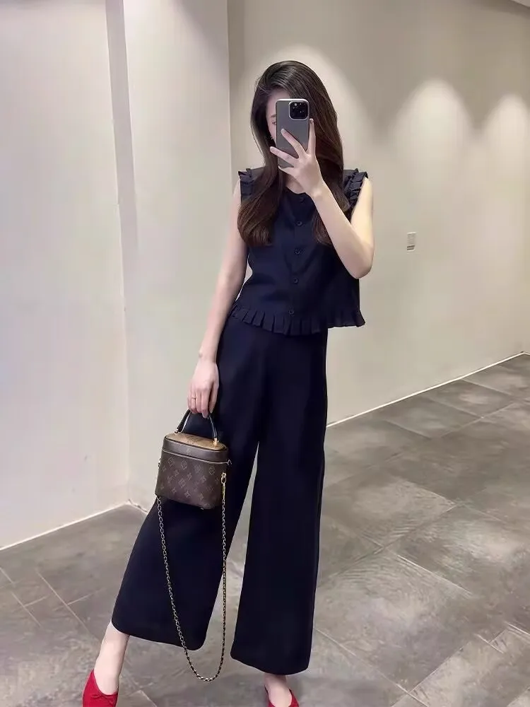 

Gothiscyn Casual Suit Women's Summer Ruffled Edge Sleeveless Vest High Waist Wide Leg Pants Two-piece Set Fashion Female Clothes