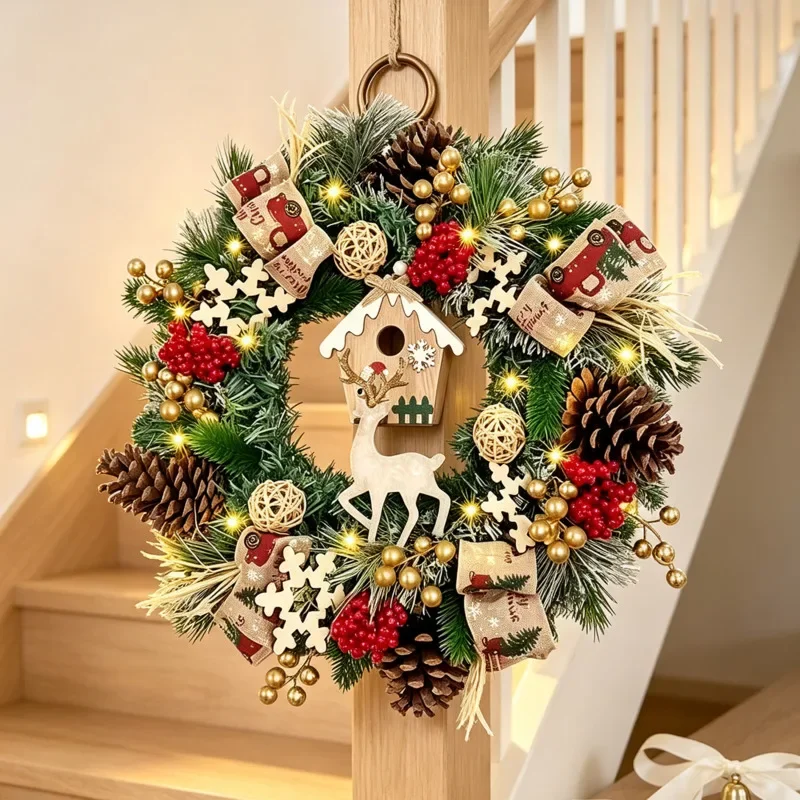 40cm Christmas Wreath Artificial Pine Garland Deer Berry Pine Cone Snowflake Door Wall Hanging Winter Holiday Party Decor
