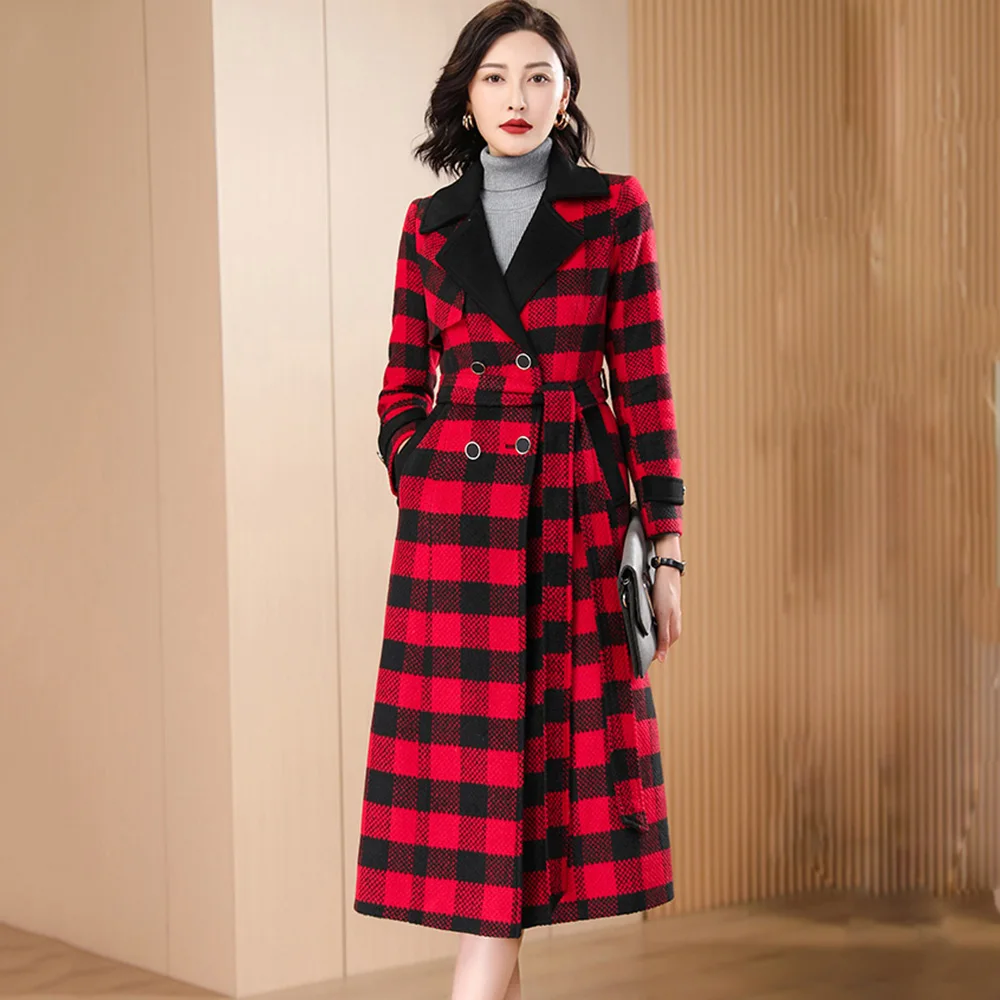 

New Women Plaid Woolen Coat Autumn Winter Fashion Turn-down Collar Belt Slim Long Wool Blends Coat England Style Overcoat Female