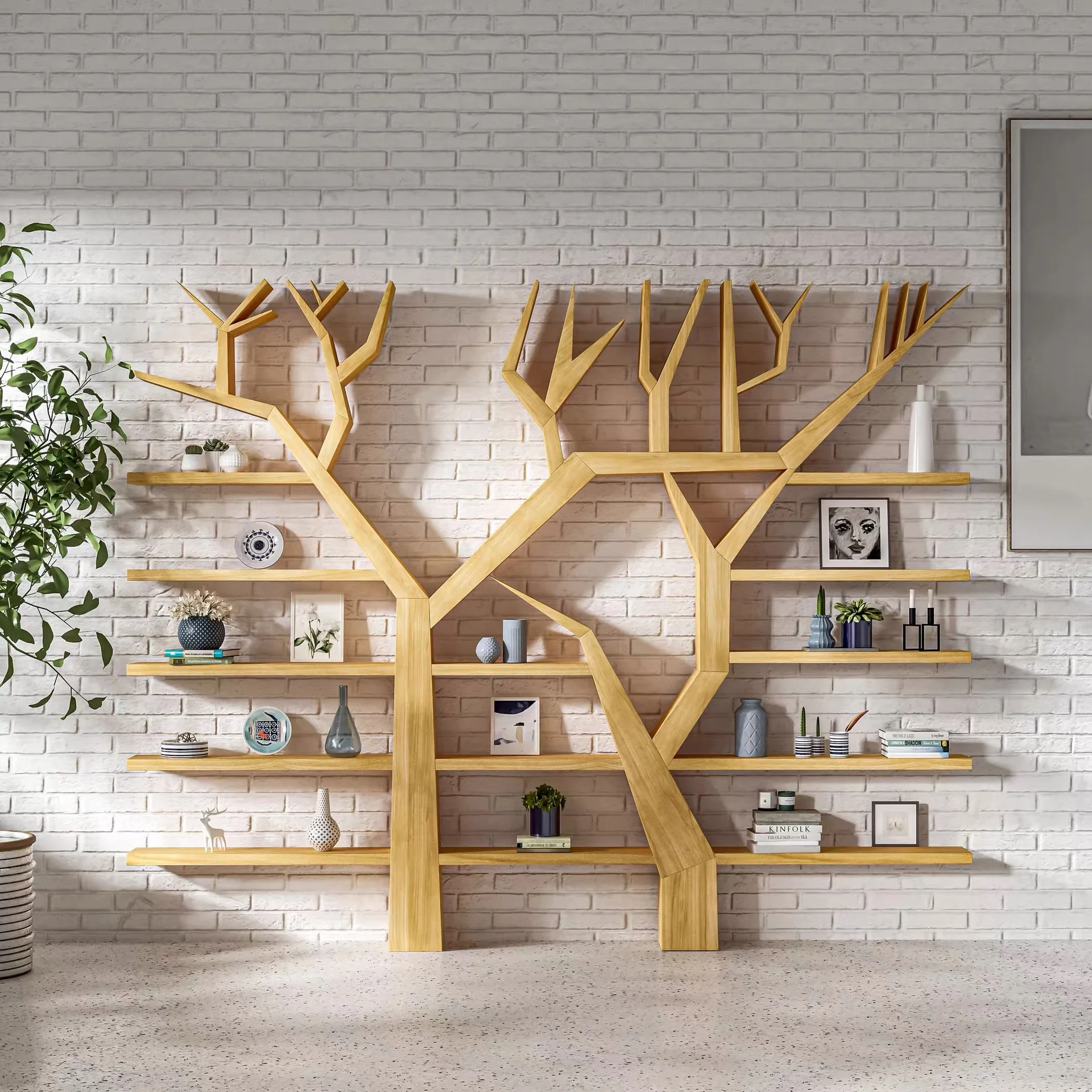 Simple modern logs, diverse tree-shaped bookshelves, solid wood walls, wall-to-wall display racks, assembly, creative multi-laye