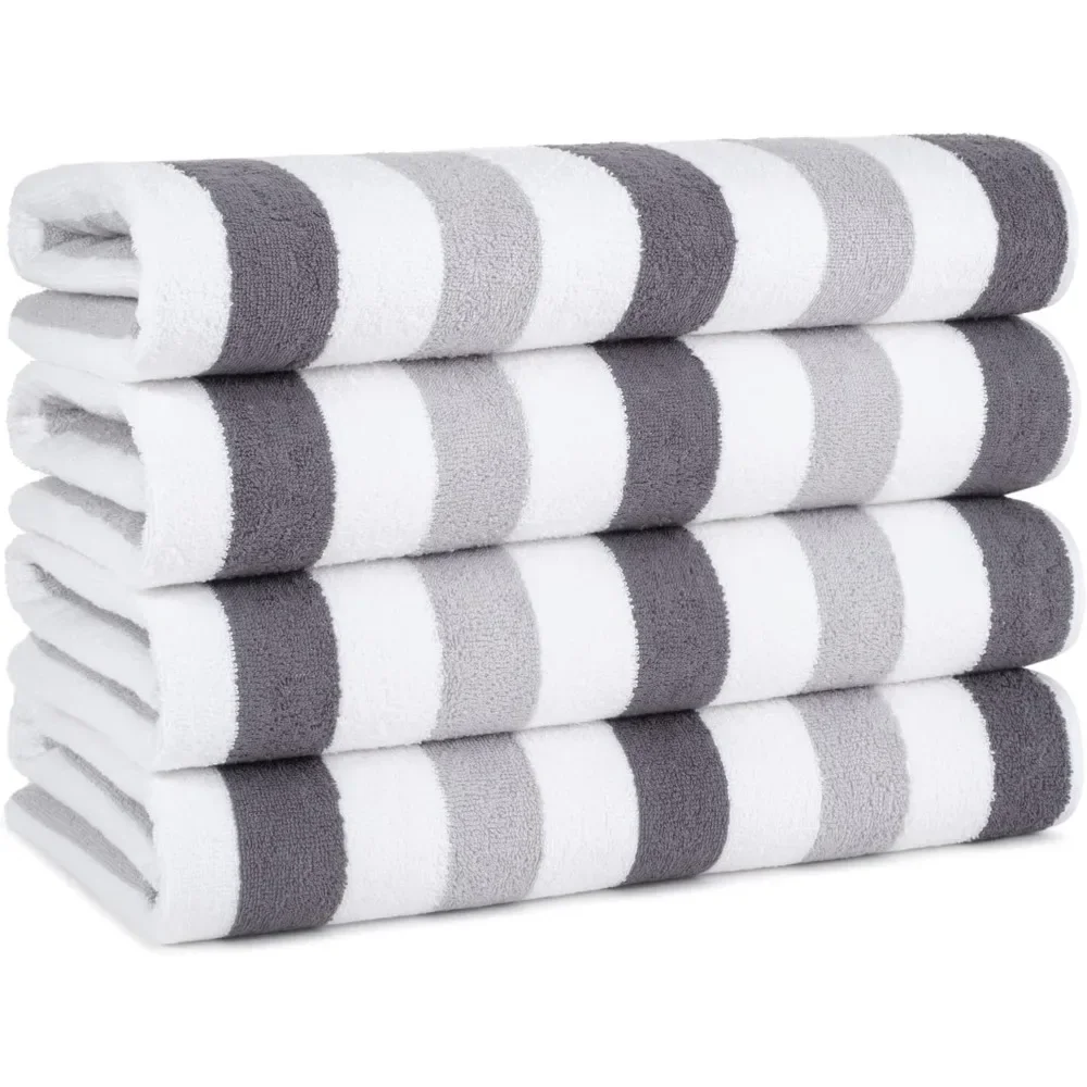 Cabo Cabana Stripe Beach Towel - Pack of 4 - Large Soft Quick Dry Cotton Terry Towels for Pool,Swim, and Hot Tub,Charcoal/Silver