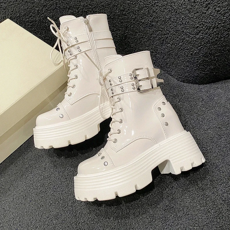 Women\'s High Platform Motorcycles Boots Winter 10CM Wedge Heels Warm Ankle Boots Chunky Sneakers New Autumn Leather Shoes Woman