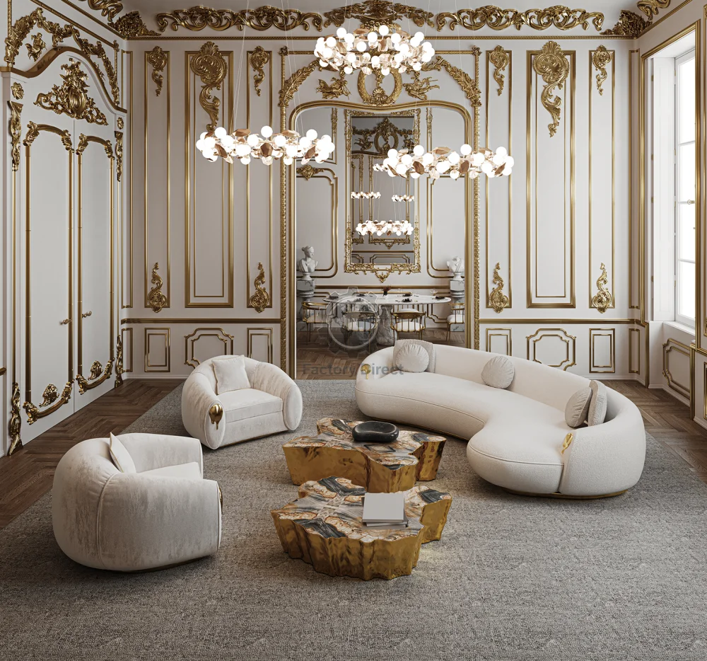 

High End Home Furniture Customized Italian Design Luxury Curved Couch Living Room Sofa Set Modern Brass Base Nubuck Fabric Sofa