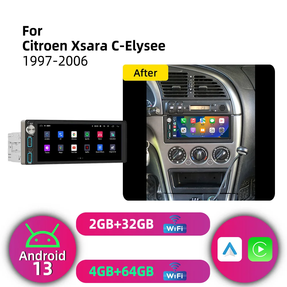 Android 1 Din Car Stereo for Citroen Xsara C-Elysee 1997-2006 CarPlay GPS Navigation Multimedia Autoradio Radio Head Unit