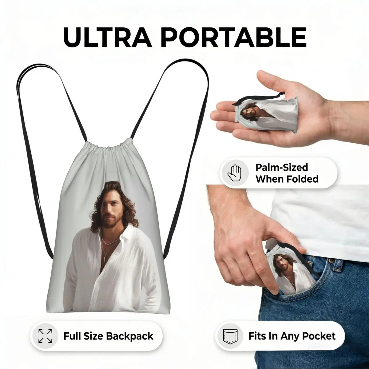 Actor Can Yaman Photo Drawstring Backpack hiking cycling Bag Portable Travel Drawstring Bag for Men Women