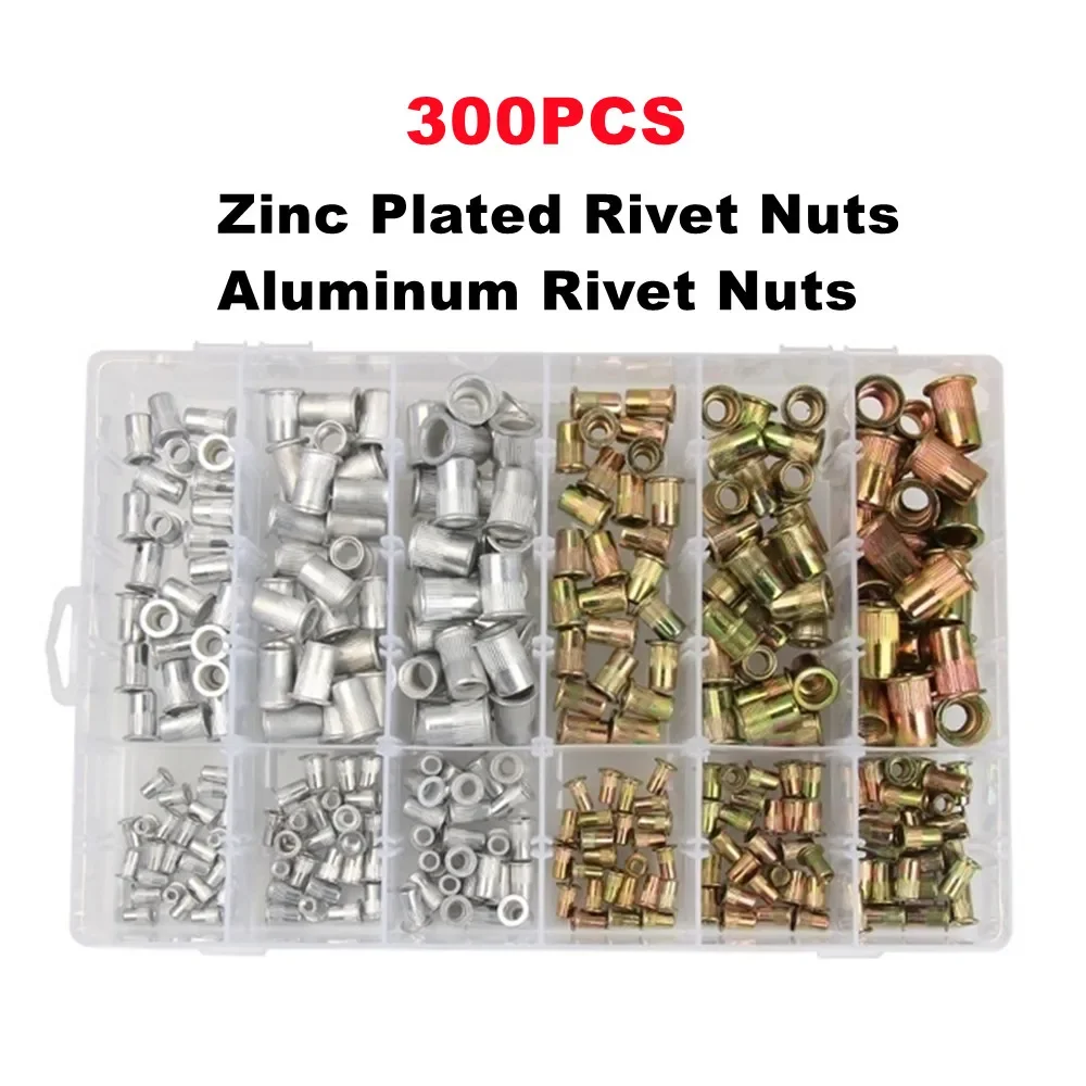 300Pcs Carbon Steel Aluminum Rivet Nut M3 M4 M5 M6 M8 M10 Flat Countersunk Rivet Nut Insert Rivnut Nutsert Assortment Kit