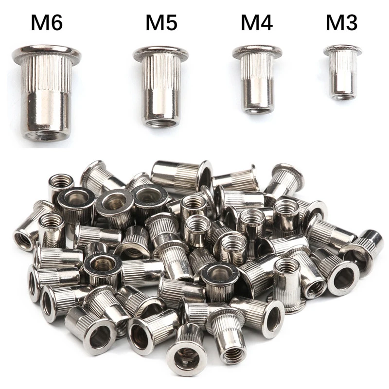 

M3 M4 M5 M6 M8 M10 M12 304 Stainless Steel Threaded Rivet Nut Rivnuts Knurled Steel Head Nutserts Flat Head Threaded Insert Nuts