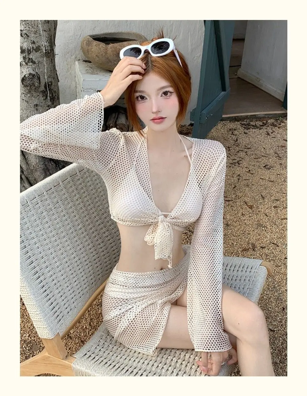 4 Piece New Sexy Womens Swimsuit Hollowed-out Comfy Bikini Set Breathable Long-sleeved Smock String Bikini Beach