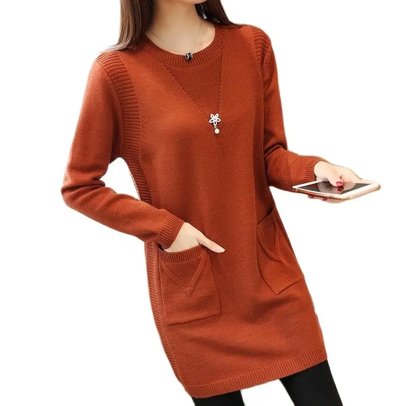 Solid Long Sweater Women Clothing 2024 New Korean Pocket Knit Sweater Dress Casual Warm Loose O neck Long sleeve Ladies Pullover