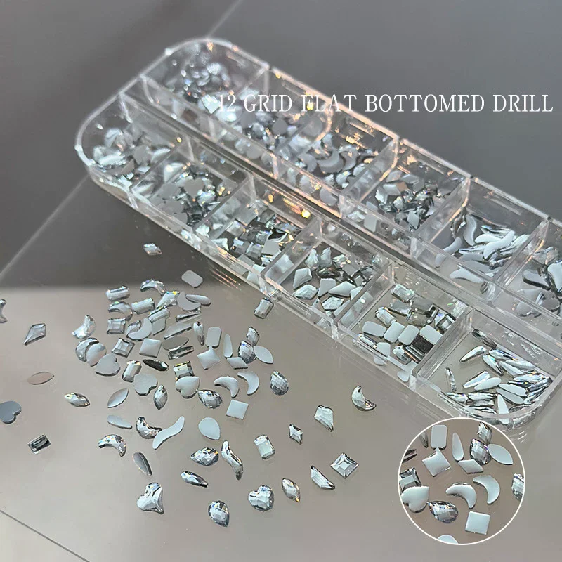 12 Siatek Kryształków Brokatowych z Płaskim Dnem, Geometryczne Nieregularne Ozdoby do Paznokci, Akcesoria do Manicure DIY