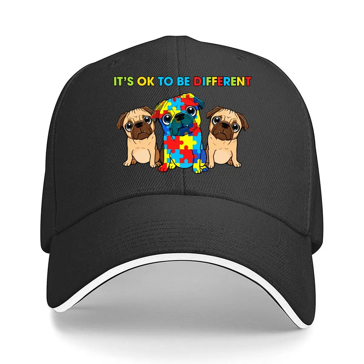 Its OK To Be Different Autism Puzzle Pug Dogs Hip Hop hat Fashion Outdoor Sports Sandwich Baseball Cap
