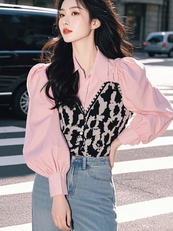 

Розовая женская блузка с цветочным принтом и эффектом двухслойности, весенне-осенний дизайн, уникальная, красивая, модная, из полиэфирного волокна, длинная