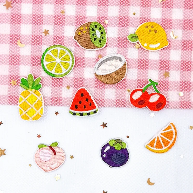 Cartoon Fruit Embroidery Patches Stick-on Mini Cloth Appliques Coconut Cherry Lemon Self-adhesive Stickers for Baby Clothing DIY