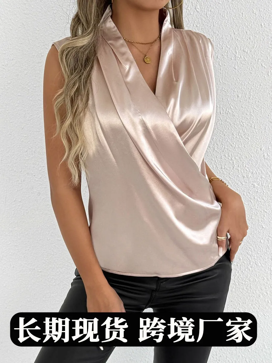 

Summer Women's Clothing Sleeveless Satin Blouse V Neck Slim Fit Elegant Tops Polyester Satin Chiffon Casual Shirt
