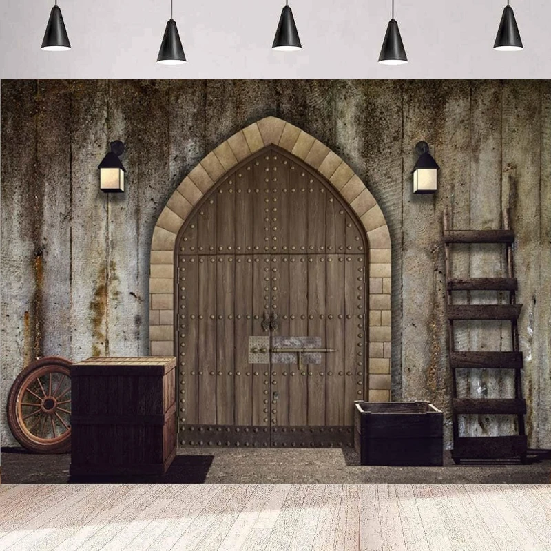 

Cowboy Photography Backdrop Entrance Door Knight Castle Wooden Barn Door Gothic Castle Background Wall Birthday Banner Poster