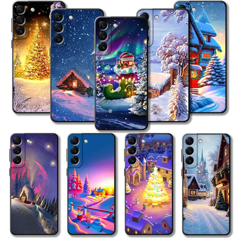 Phone Case For Samsung Galaxy S24 S23 S22 S21 S20 FE Ultra S10 Plus Note 20Ultra 10Plus Merry Christmas Snow House Tree Cover