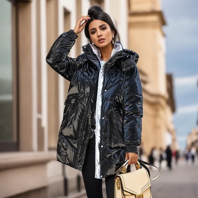 Chaquetas gruesas y cálidas de tela brillante para mujer, abrigos acolchados de algodón, Parkas de longitud media, prendas de vestir exteriores para otoño e invierno, 2024