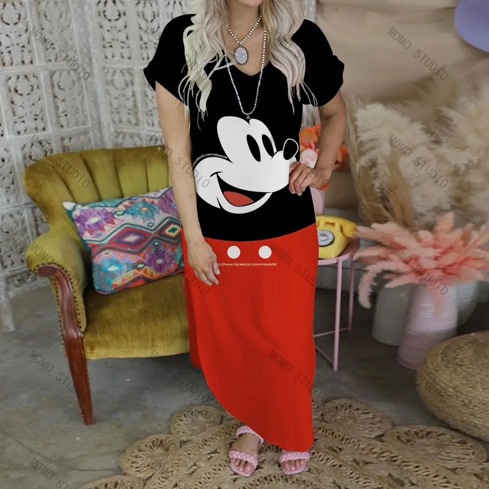 Disney damska długa sukienka Mickey letnie sukienki 2022 Casual dekolt rozrywka Cartoon Sexy Minnie Mouse odzież damska Y2k suknia w stylu Maxi