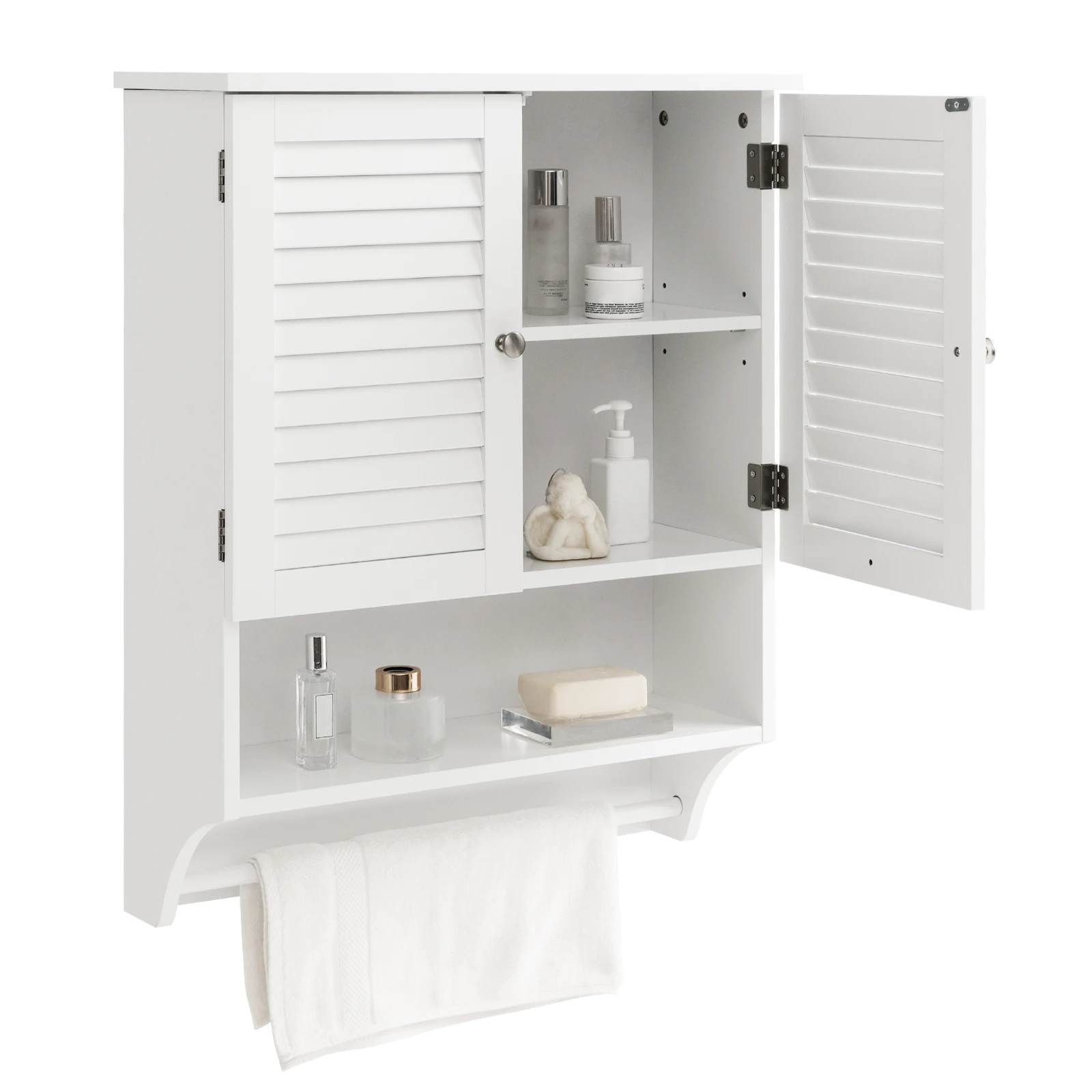 

Bathroom Wall Mounted Medicine Cabinet w/ Louvered Doors & Towel Bar White