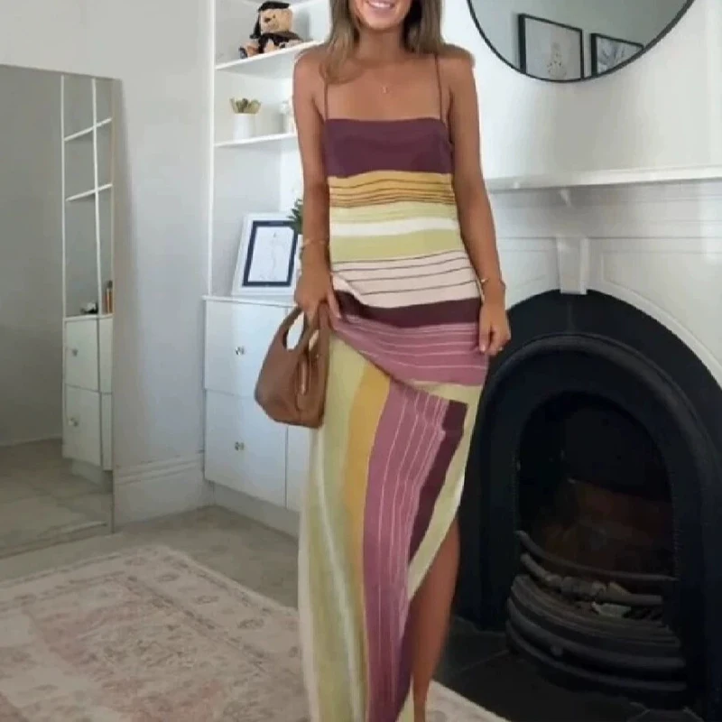 Lady Casual Straps Backless Beach Dress Fashion Stripe Sleeveless Dress Temperament Color Blocking Slim Off Shoulder Slit Dress