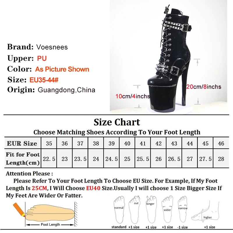 Shine Black 20cm/8Inchs Boots Thin Heels Platform Ankle Boots Metal decoration Belt Buckle Pole Dance Shoes Women Stripper Heels