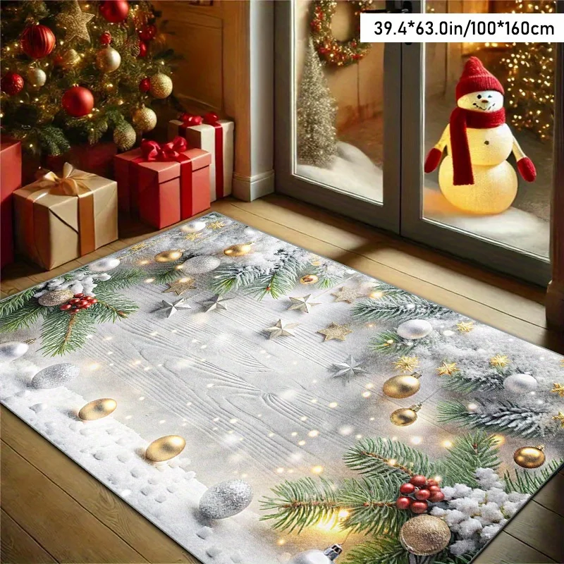 1pc Modern Christmas Ball & Pine Pattern Rug, Indoor Large Rug, for Living Room, Dining Room, Bedroom, Office, Home Decor