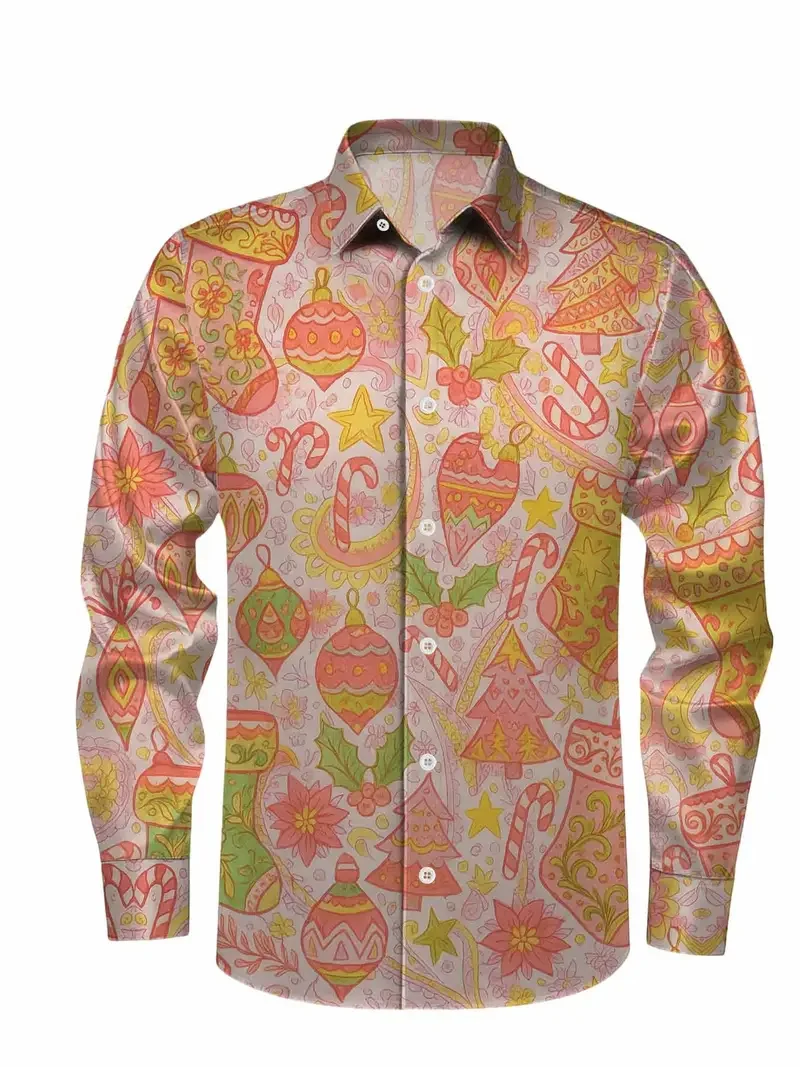 Camisa con estampado navideño de moda en 3D, camisa informal de manga larga para hombre, camisa de diseño callejero para otoño/invierno
