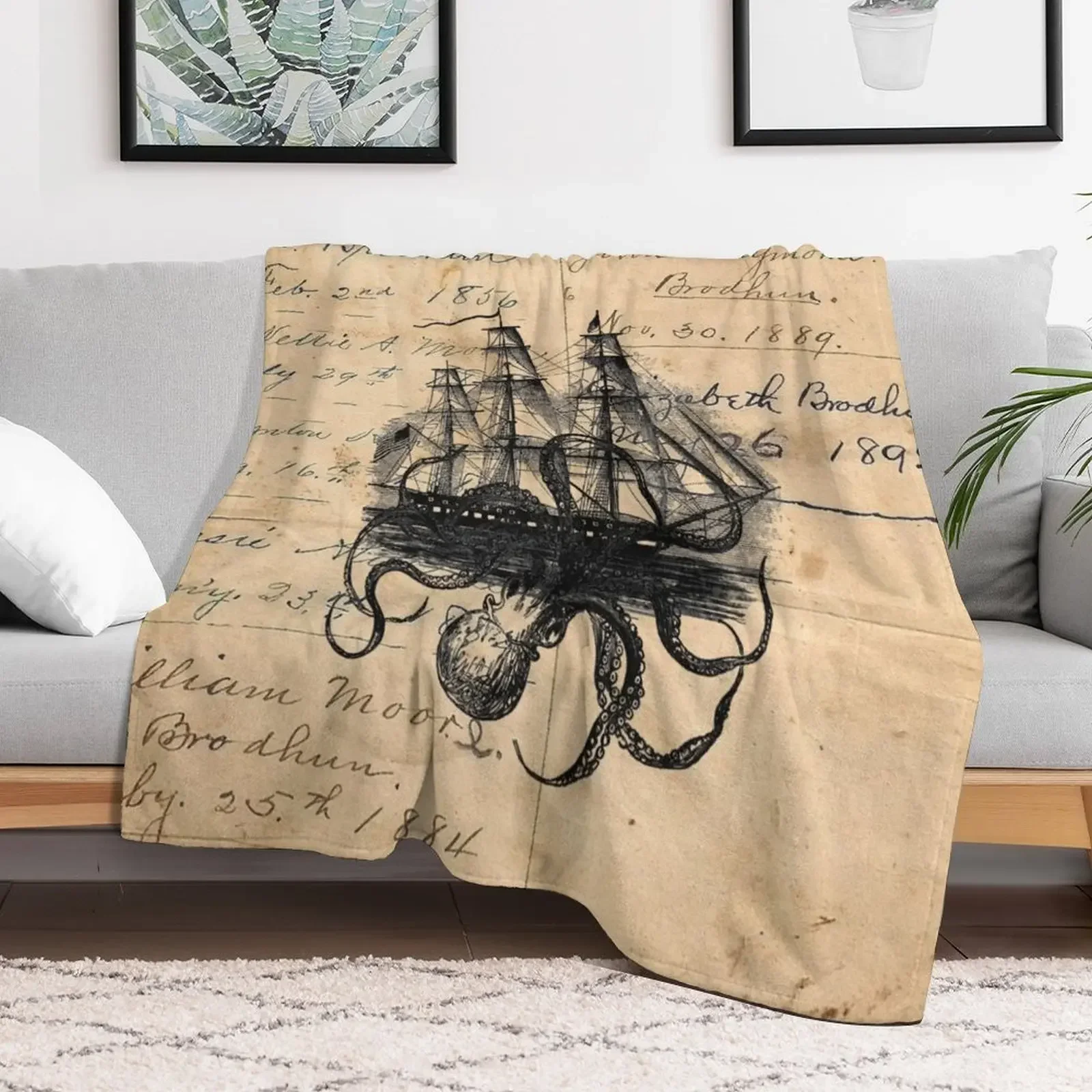 Kraken Attacking Ship on Ledger DesignKAS947 Throw Blanket Thin Plaid on the sofa Blankets