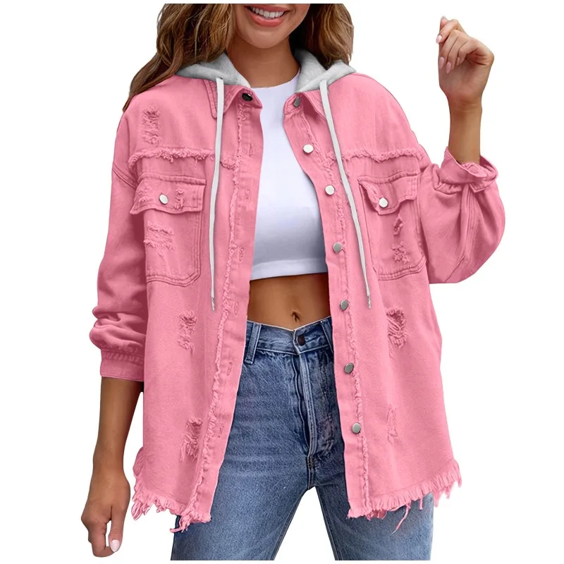 New Women's Hooded Denim Jacket Spring Autumn Loose Ripped Basic Jacket Fashion Female Casual Denim Shirt Jacket Single Breasted