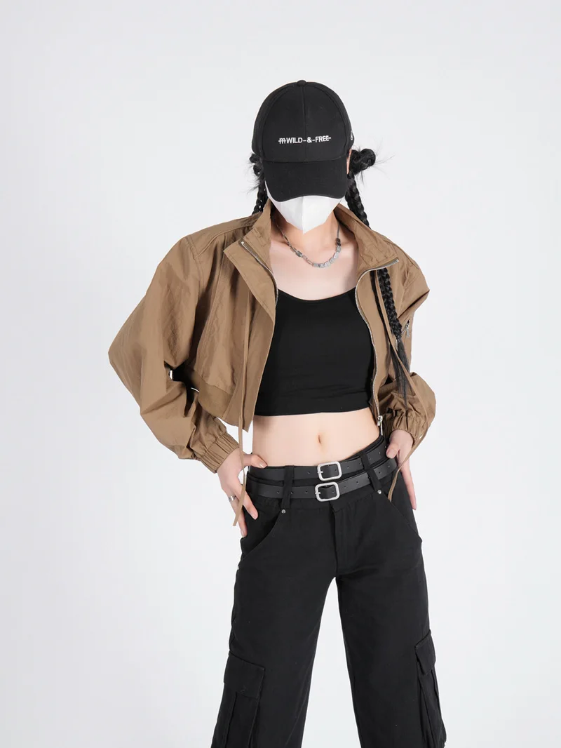 Women's Super Cropped Nylon Bomber Jacket, High Collar, Ultra Crop Windbreaker