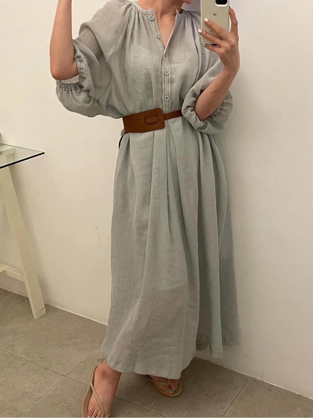 

Chic Summer Vintage Lazy Sle V-Ne Single Button Loose Thin ort Sve Long Dr Women's Faion Lightweight Maxi Dr