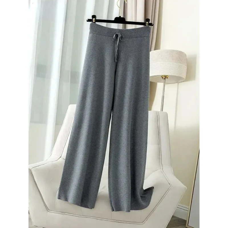 

Women High Waist Lace Up Wide Leg Trousers Fall Elegant Knit Pantalones Warm Casual Baggy Stretch Thick Knitting Pants J188