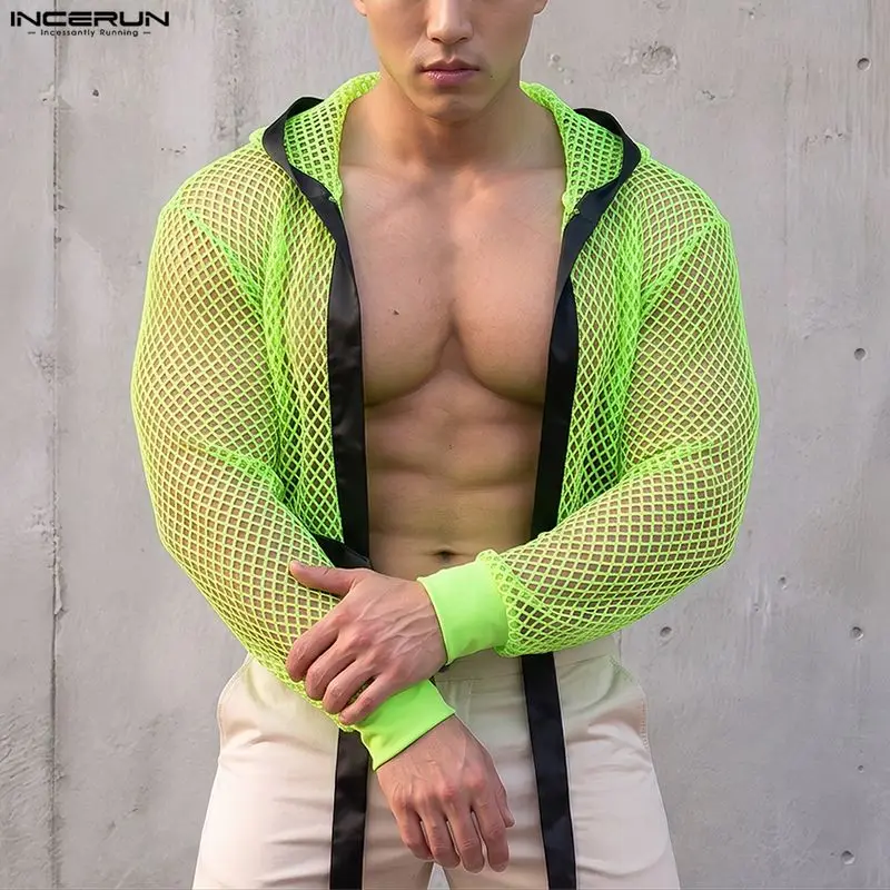 INCERUN Men Shirt Mesh Patchwork Hollow Out Long Sleeve Crop Tops For Man Streetwear Loose Open Stitch Hooded Casual Men Clothes