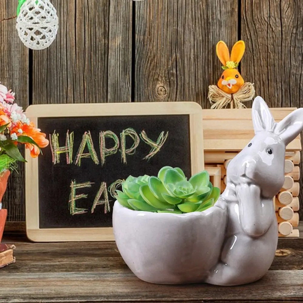 Ceramic Easter Rabbit Succulent Pots Egg Tray Cartoon Thumb Flower Pots Holder Rabbit Shape Egg Cup Party Decoration