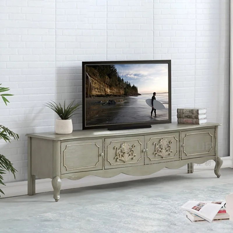 

American country solid wood old TV cabinet pastoral storage floor cabinet living room solid carving flower antique furniture