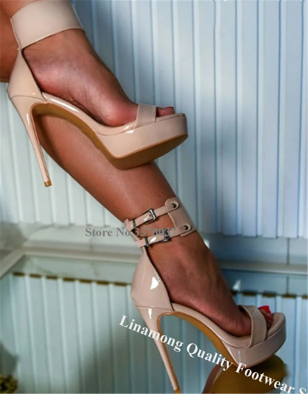 Linamong Black Nude Patent Leather Thin Heel Sandals Open Toe Ankle Wrap Cut-out High Platform Stiletto Heel Party Heels