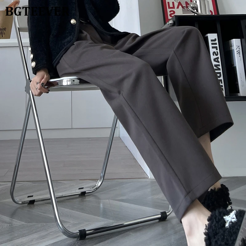 BGTEEVER Casual hoge taille dames rechte wollen broek herfst winter dikker warme losse zakken vrouwelijke harembroek met riem