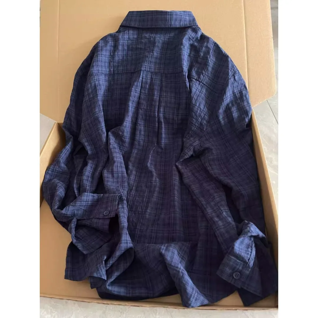 Csa xadrez azul solta estilo preguiçoso versão coreana fena gola  manga crida csa mistura de aodão moda verão