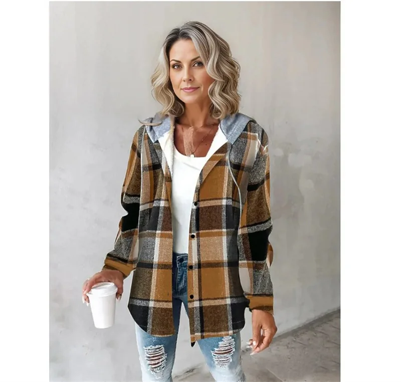 2025 Fashion Casual Plaid Shirt Woman Loose Autumn Winter Lapel Women's Coat Long Sleeve Cozy Vintage Khaki Tops Lady Streetwear