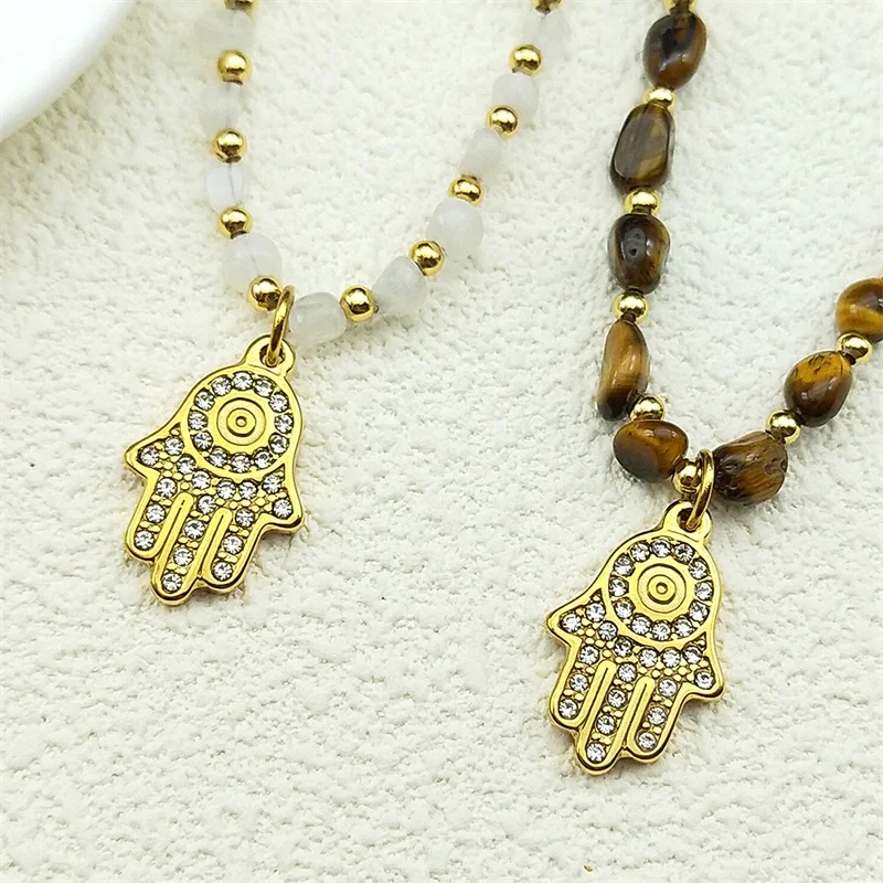 

Rhinestones Fatima Hamsa Hand Choker Necklace For Women Men Stainless Steel Gold Color Tiger Eye Stone Glass Beads Chain Jewelry