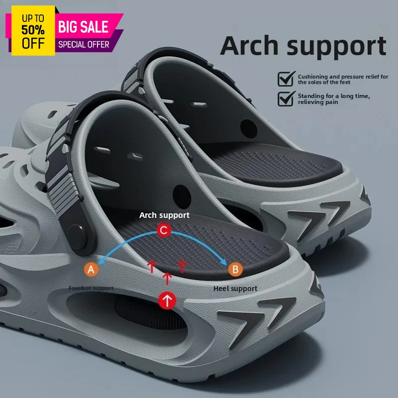 Herren-Hohlslipper, Herren-Sommer-Outdoor-Schuhe, neue trendige dickbesohlte, verschleißfeste, rutschfeste, geruchsneutrale Slipper mit elastischen Schnürsenkeln