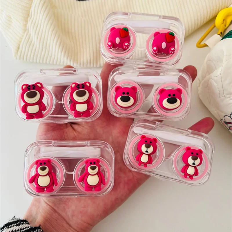 New Kawaii Disney Contact Lens Case Pink Cartoon Cute Lotso Portable Contact Lens Box with Mirror Girls Travel Gifts