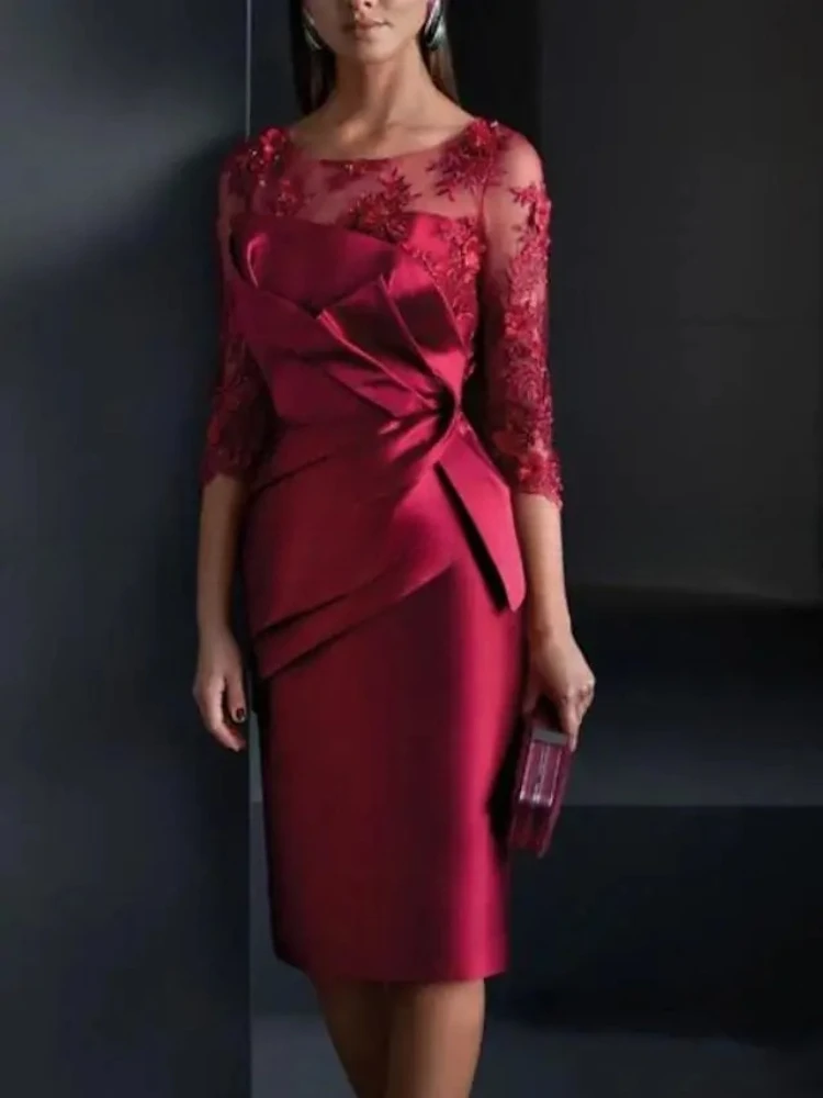 Burgundy Midi Mother Of The Bride Dress Illusion 3/4 Lace Sleeves Satin Pleated Sheath Formal Evening Party Gown Custom Size