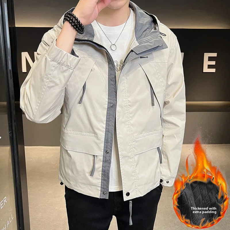 

High-Quali Men's Hooded Cotton Jaet Thiened Warm Faionable Workwear Cotton Long Sve Zipper Closure Color