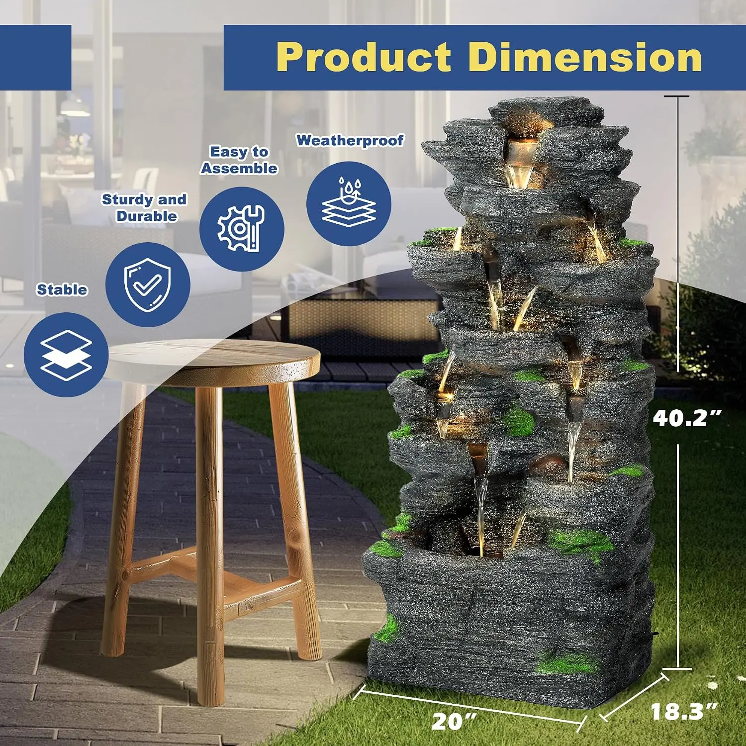 10-Tier Cascading Rock Water Fountain Natural Stone Look Indoor Outdoor Garden Patio Decor, Customized