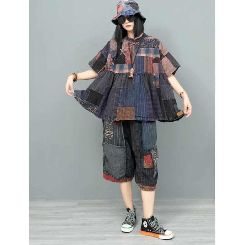 Heavy Industry Splicing Plate Buckle Old Cloth Short Sleeved Shirt + Calf Length Pant Two Piece Set Women 2024 Autumn LX1842