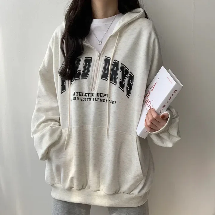 

Women Pullover Zip Up Oversized Fall Hooded Tops Fleece Keep Warm Letter Print Hoodies Harajuku Sweatshirts Streetwear 2024