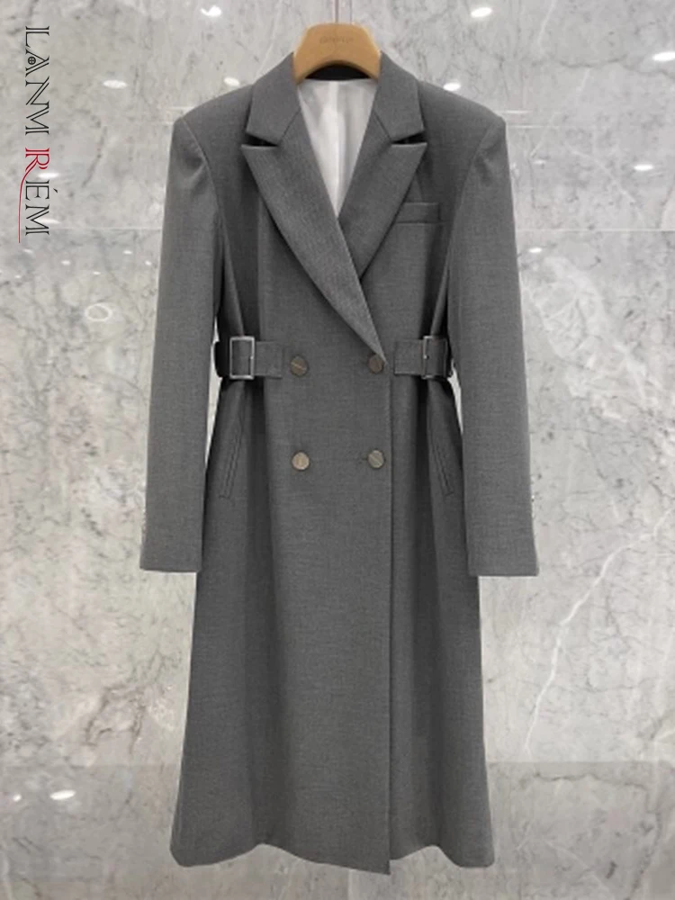 LANMREM Long Blazer Coat Women Notched Collar Double Breasted Gathered Waist Gray Color Fashion Clothes 2024 Autumn New 2DA5304